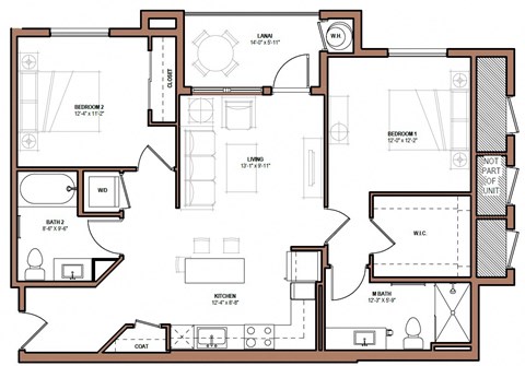 Floor plan for 2 beds, 2 baths, 917 sqft