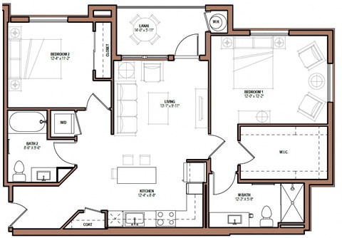 Floor plan for 2 beds, 2 baths, 973 sqft