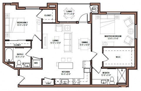 Floor plan for 2 beds, 2 baths, 1068 sqft