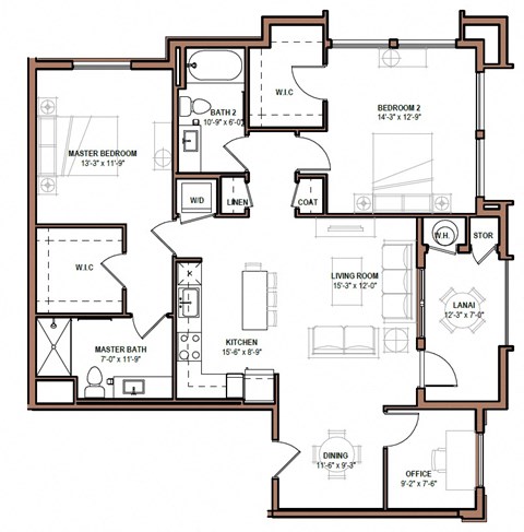 Floor plan for 2 beds, 2 baths, 1194 sqft