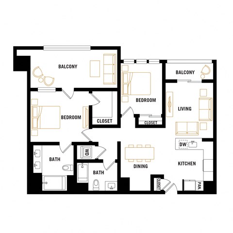 Floor plan for 2 beds, 2 baths, 1126 sqft