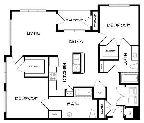 Floor plan for 2 beds, 2 baths, 1202 sqft