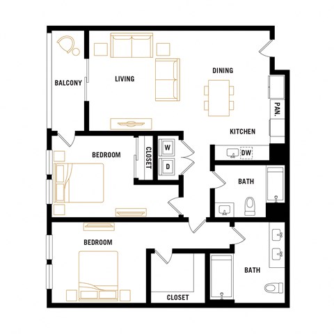 Floor plan for 2 beds, 2 baths, 1070 sqft