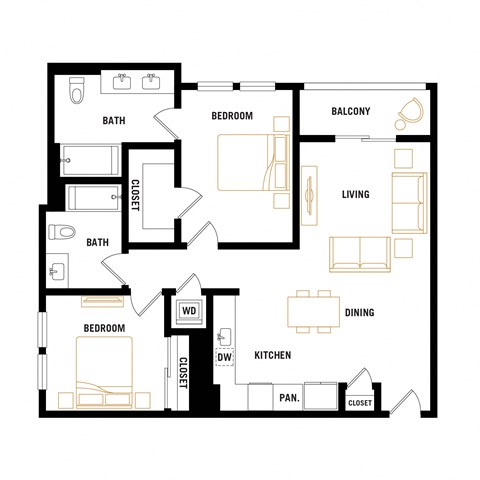 Floor plan for 2 beds, 2 baths, 1001 sqft