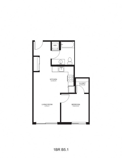 Floor plan for 1 bed, 1 bath, 610 sqft