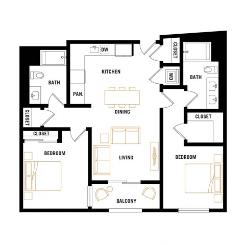 Floor plan for 2 beds, 2 baths, 989 sqft