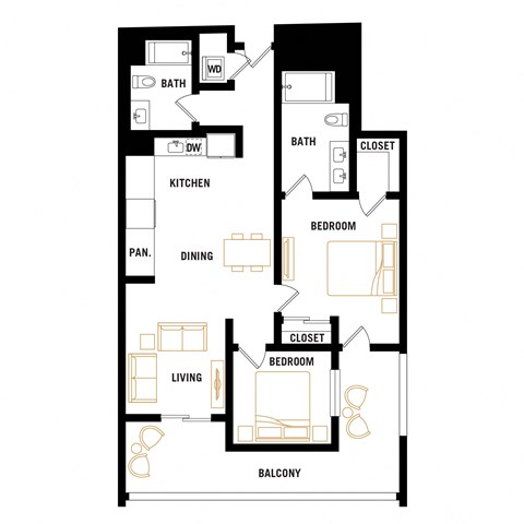 Floor plan for 2 beds, 2 baths, 1056 sqft