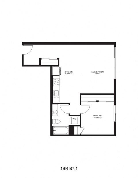 Floor plan for 1 bed, 1 bath, 762 sqft