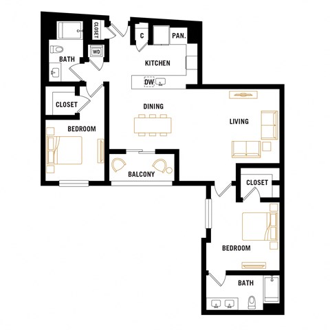 Floor plan for 2 beds, 2 baths, 1317 sqft