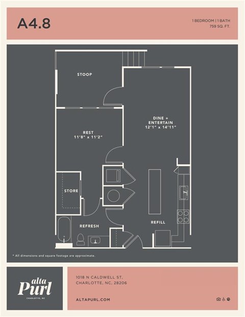 Floor plan for 1 bed, 1 bath, 759 sqft