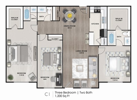 Floor plan for 3 beds, 2 baths, 1200 sqft