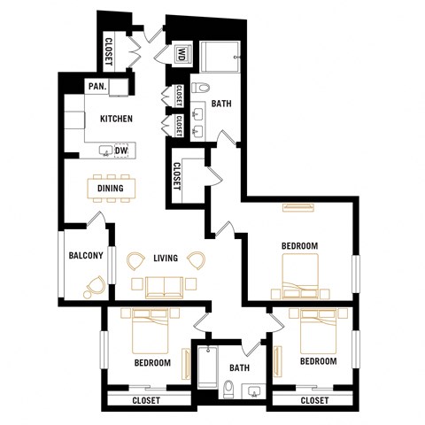 Floor plan for 3 beds, 2 baths, 1354 sqft