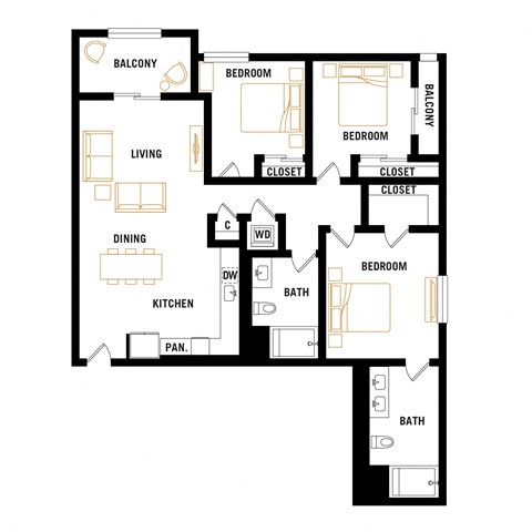 Floor plan for 3 beds, 2 baths, 1206 sqft