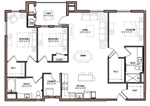 Floor plan for 3 beds, 2 baths, 1363 sqft