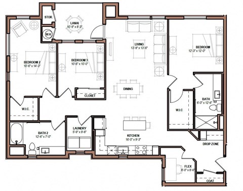 Floor plan for 3 beds, 2 baths, 1442 sqft