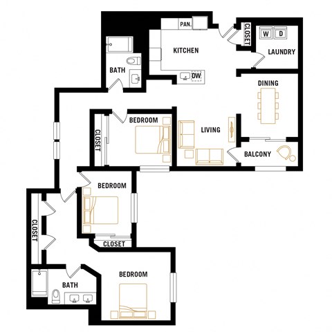 Floor plan for 3 beds, 2 baths, 1655 sqft