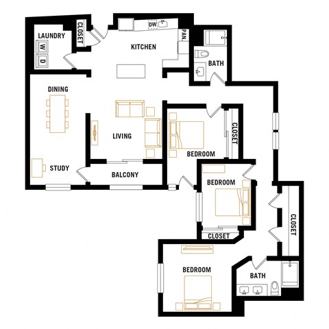 Floor plan for 3 beds, 2 baths, 1853 sqft