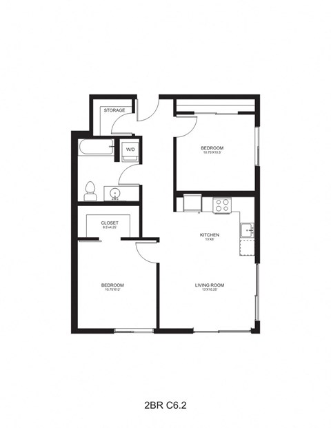 Floor plan for 2 beds, 1 bath, 811 sqft