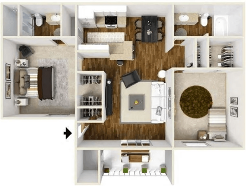 Floor plan for 2 beds, 2 baths, 900 sqft