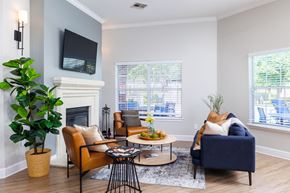 Copperas Cove apartment for rent - a living room with gray walls and a fireplace with a tv above it at Clear Creek Meadows Apartments, Copperas Cove, Texas