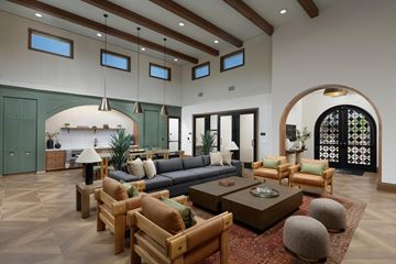 Murrieta apartment for rent - A living room with a dark sofa and wooden furniture.