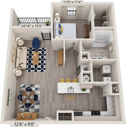 Floor plan for 1 bed, 1 bath, 930 sqft