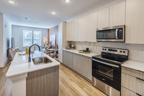 Charlotte apartment for rent - A modern kitchen with a stainless steel oven and microwave.