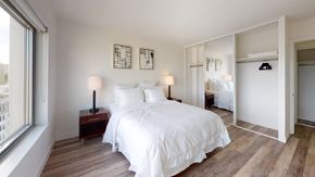 San Francisco apartment for rent - a bedroom with a large bed and a large window