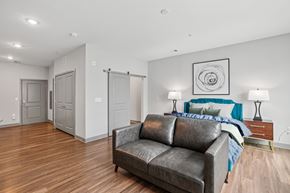 Hampton apartment for rent - A modern bedroom with a leather couch and a bed with a blue blanket.