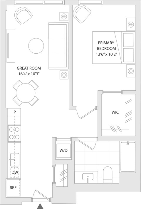 Floor plan for 1 bed, 1 bath, 641 sqft