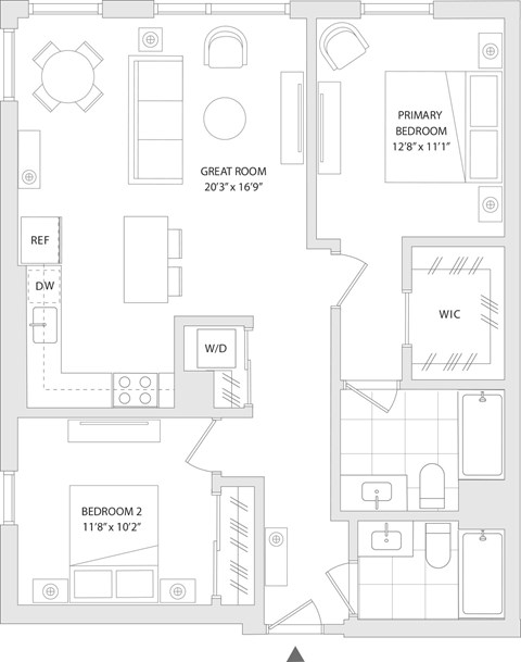 Floor plan for 2 beds, 2 baths, 1013 sqft