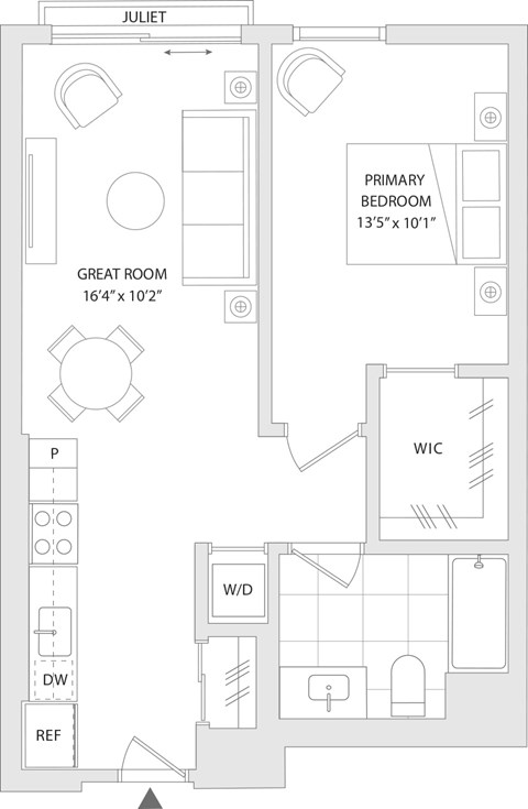 Floor plan for 1 bed, 1 bath, 641 sqft