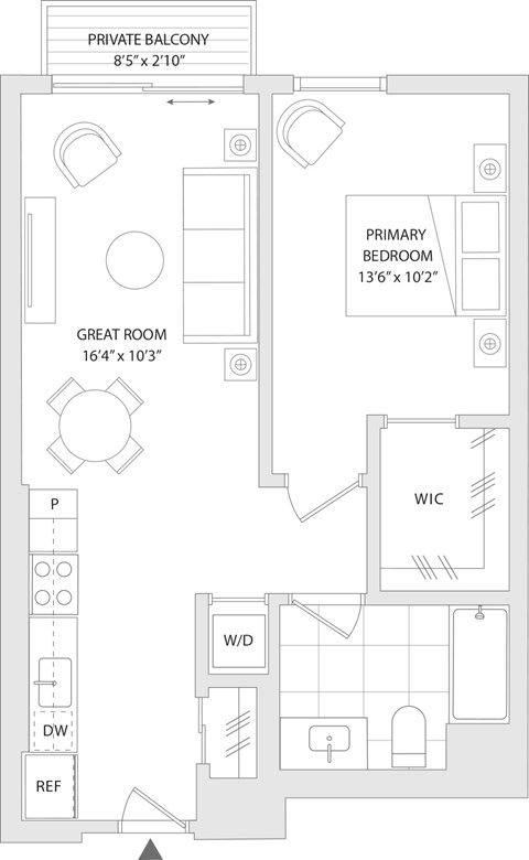 Floor plan for 1 bed, 1 bath, 641 sqft