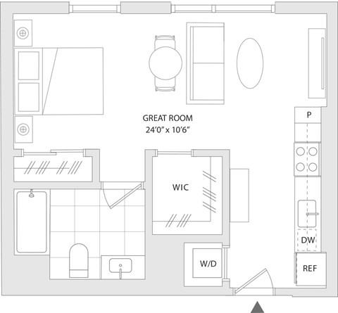 Floor plan for studio, 1 bath, 521 sqft