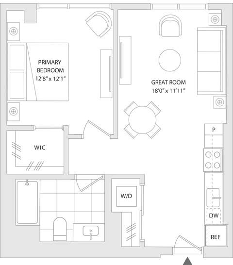 Floor plan for 1 bed, 1 bath, 668 sqft