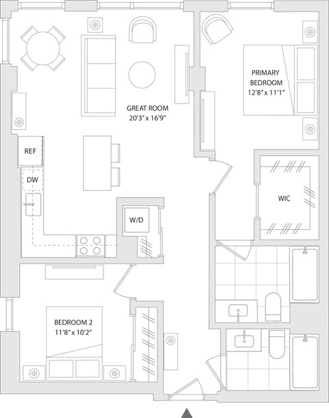 Floor plan for 2 beds, 2 baths, 1015 sqft