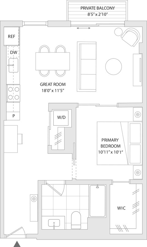 Floor plan for 1 bed, 1 bath, 670 sqft