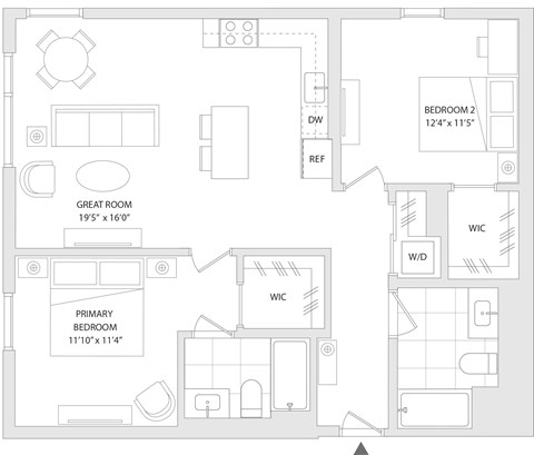 Floor plan for 2 beds, 2 baths, 1017 sqft
