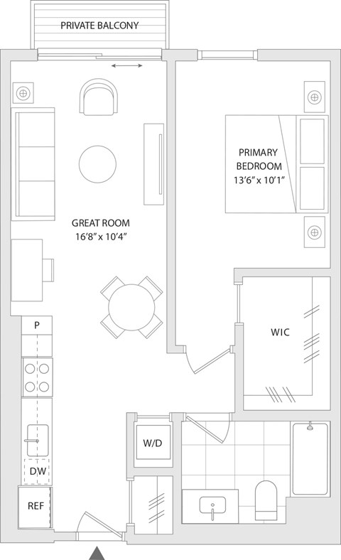 Floor plan for 1 bed, 1 bath, 670 sqft