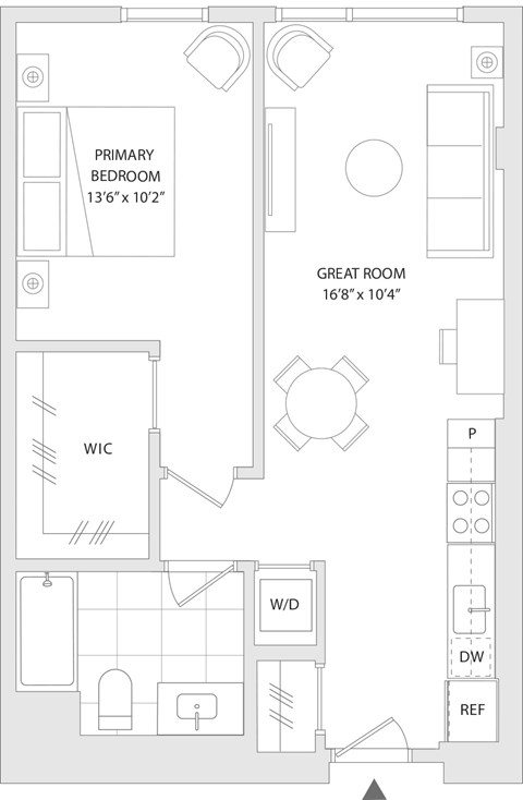 Floor plan for 1 bed, 1 bath, 670 sqft