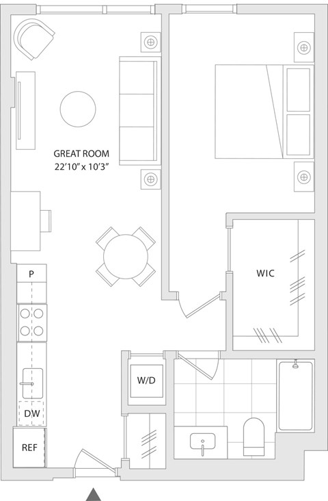 Floor plan for 1 bed, 1 bath, 670 sqft