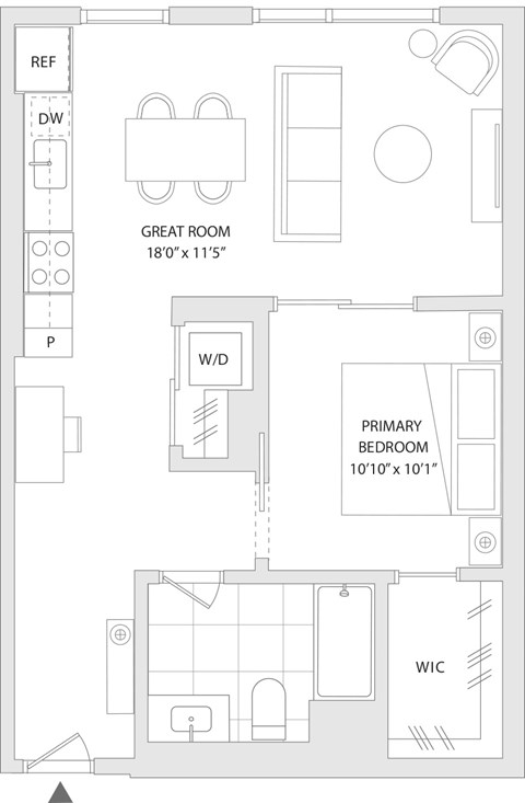 Floor plan for 1 bed, 1 bath, 670 sqft