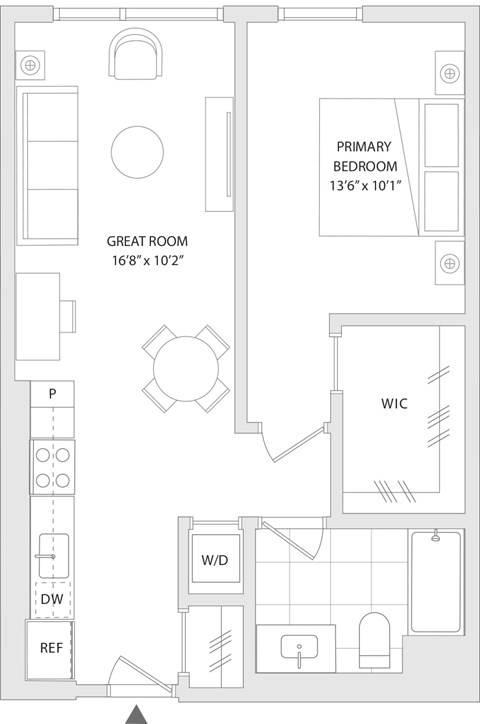 Floor plan for 1 bed, 1 bath, 670 sqft