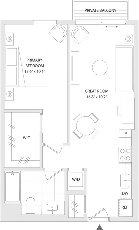 Floor plan for 1 bed, 1 bath, 670 sqft