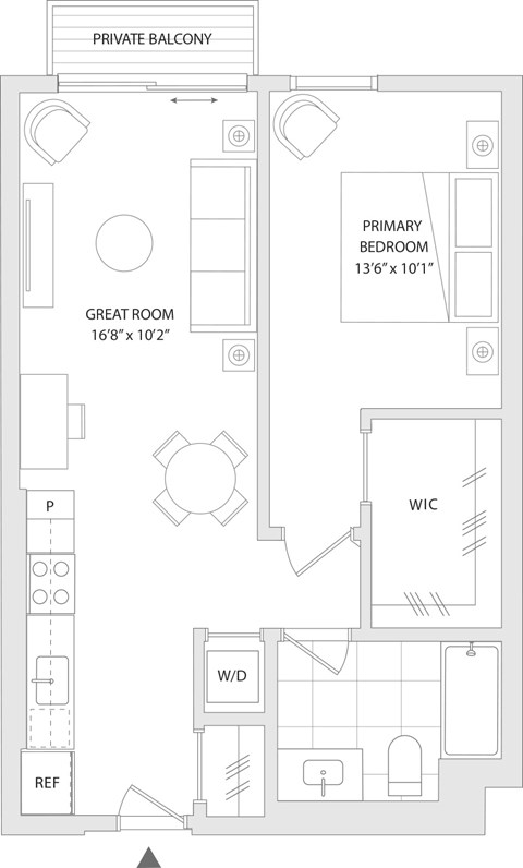 Floor plan for 1 bed, 1 bath, 670 sqft