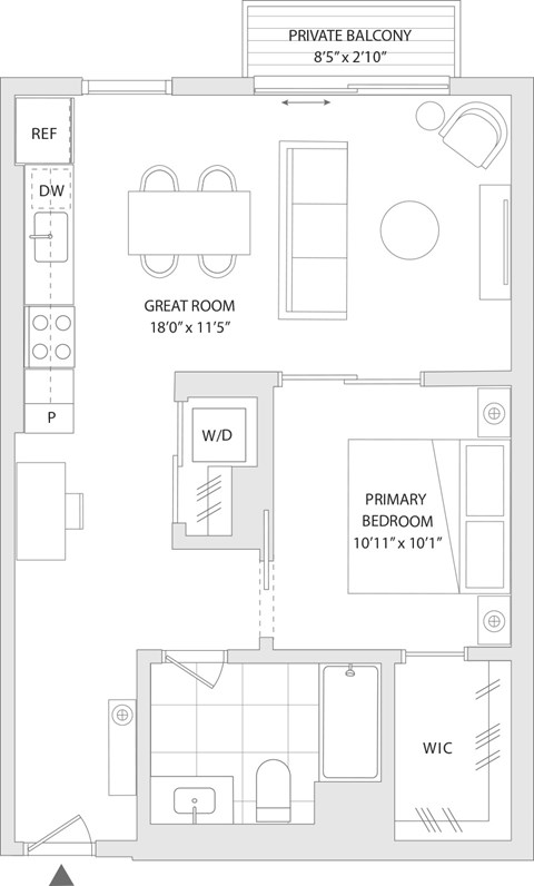 Floor plan for 1 bed, 1 bath, 670 sqft