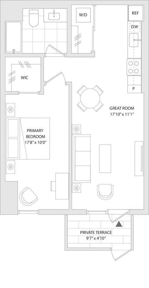 Floor plan for 1 bed, 1 bath, 681 sqft
