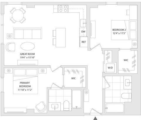 Floor plan for 2 beds, 2 baths, 1018 sqft