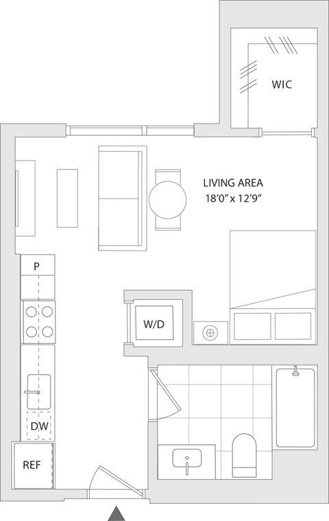 Floor plan for studio, 1 bath, 490 sqft