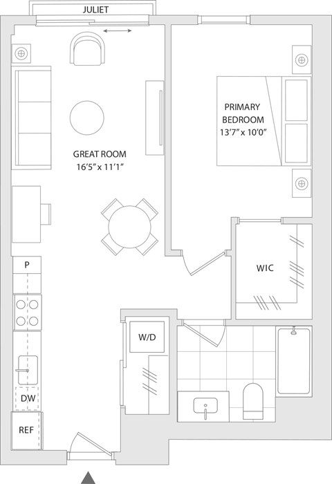 Floor plan for 1 bed, 1 bath, 692 sqft
